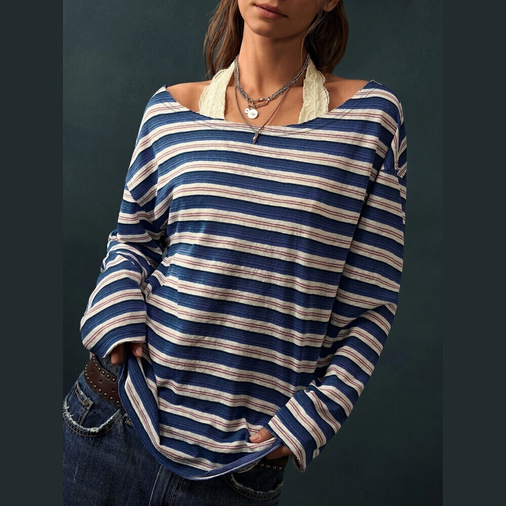 Blue Cream Striped Ribbed Knit Boat Neck Oversized Long Sleeve Tee